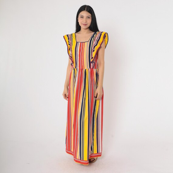 70s Striped Maxi Dress Ruffled Flutter Sleeve Boho Hippie Bohemian 1970s High Waist Vintage Primary Color Red Yellow Retro Small Medium