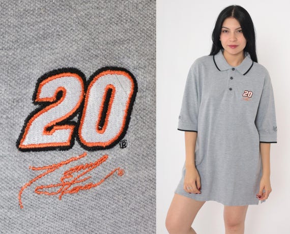 Vintage NASCAR Polo Shirt Tony Stewart Shirt Y2K Grey Collared Car Racing Crest Half Button Up Short Sleeve 1990s Chase Authentics Medium