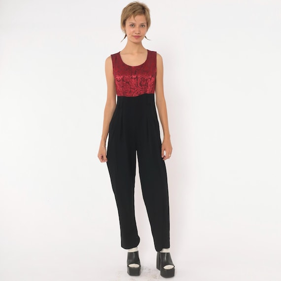 90s Black Jumpsuit Red Brocade Bodice Sleeveless Neck High Waist Tapered Leg Pockets One Piece Evening Party Pantsuit Vintage Petite Small S
