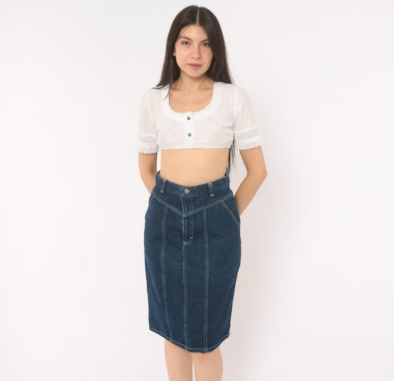 80s Denim Pencil Skirt High Waist Knee Length Dark Wash Blue Cotton Jean Western Yoke Cheryl Tiegs Vintage Fitted Small S