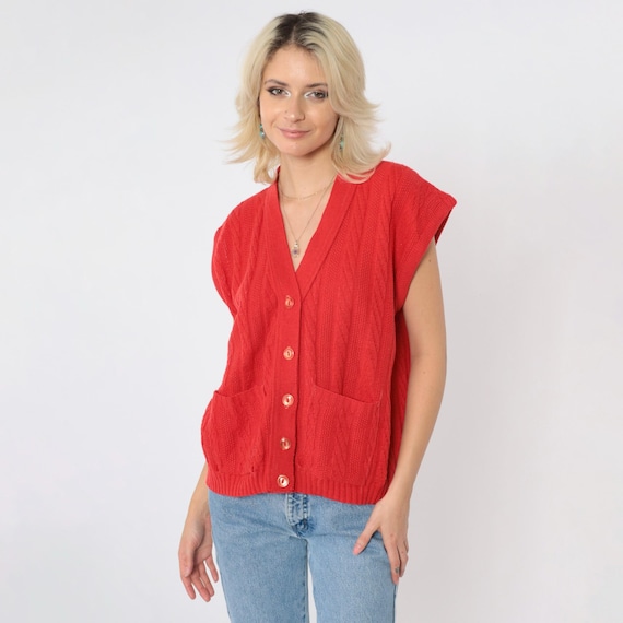 80s Cable Knit Vest Top Vintage Red Cap Sleeve Sweater V Neck Top Button Up 1980s Retro Pocket Knitwear Medium Large