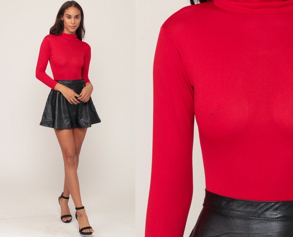Turtleneck Bodysuit Top 70s Red Body Suit Long Sleeve Leotard SHEER Shirt 1970s Blouse Vintage High Neck Bohemian Small