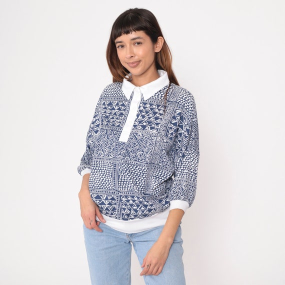 Geometric Polo Shirt 90s 3/4 Dolman Sleeve Abstract Pyramid Print Quarter Button Up Collared Shirt Blue White 1990s Retro Vintage Large