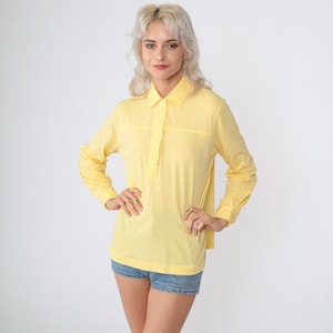 Yellow Blouse 80s Half Button up Top Long Sleeve Polo Collared Shirt Retro Basic Minimal Simple Plain Preppy Vintage 1980s Medium Large