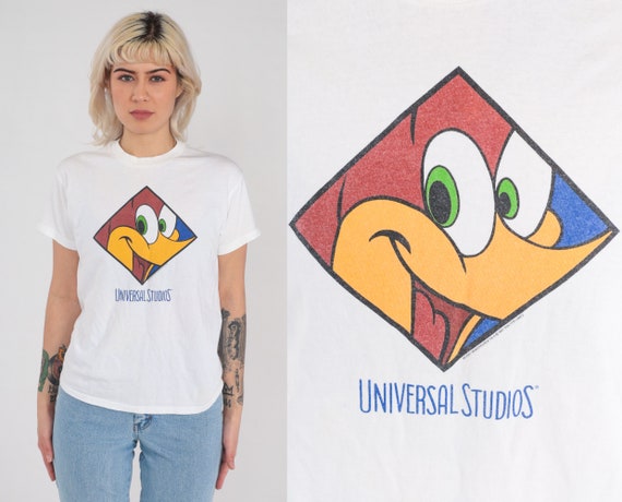 Woody Woodpecker Shirt 90s Universal Studios T-Shirt Retro Cartoon Graphic Tee Hollywood Nostalgic Tshirt White 1990s Vintage Extra Small XS