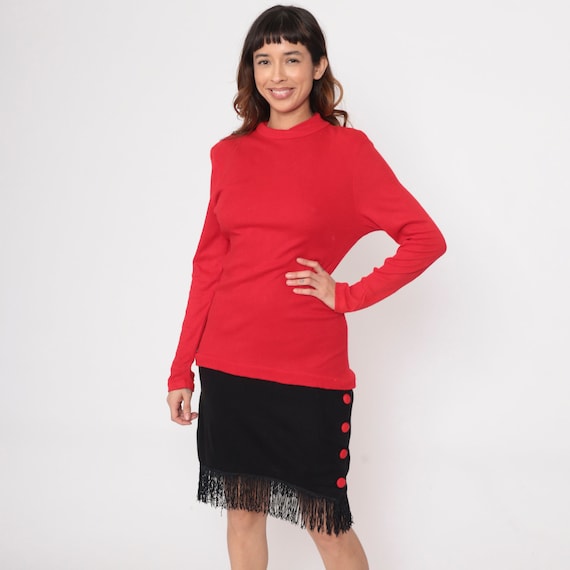 80s Color Block Dress Fringe Red Black Midi Long Sleeve Mock Neck 1980s Sheath Dress Vintage 1980s Drop Waist Retro Button Skirt Small S