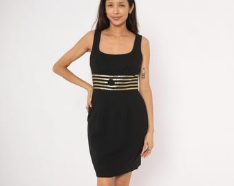 Minivestido de cóctel a rayas doradas, negro, estilo años 90, sin mangas, para fiestas, salidas nocturnas, con corpiño ajustado y tirantes, Datiani Vintage, talla M.
