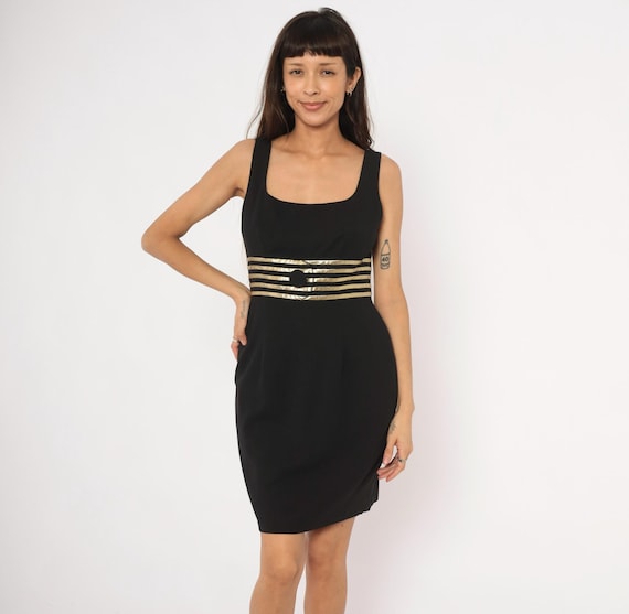 Gold Striped Mini Cocktail Dress Black 90s Sleeveless Evening Party Going Out Date Night Fitted Bodice Strap Datiani Vintage Medium M