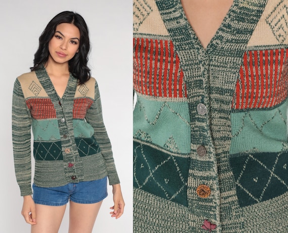 Boho Cardigan 70s Green Space Dye Swt Button up K… - image 1