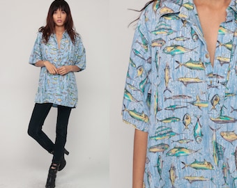 Fish Shirt Beach Top Button Up Short Sleeve 90s UNDER THE SEA Fishing Shirt Novely Print Polo Vintage Vacation Blue Extra Large xl 2xl