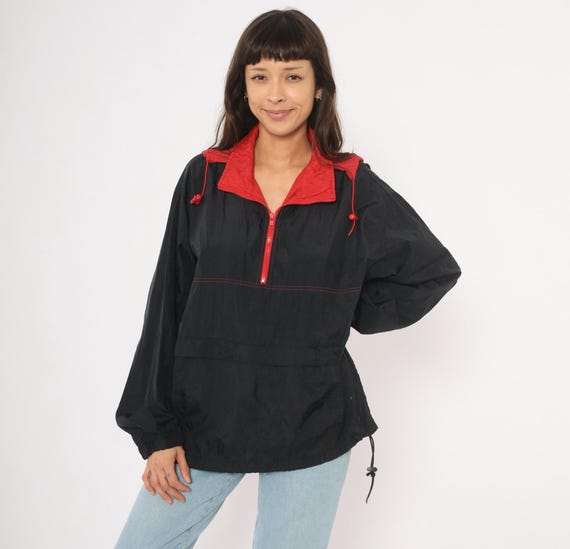 90s Black Windbreaker Pullover Anorak Red Hood Colorblock Jacket Rain Coat Hiking Outdoor Streetwear Athletic Trail Running Spring Medium M