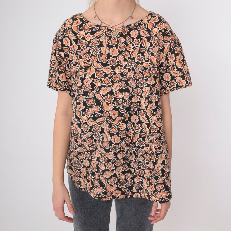 Floral Henley Shirt 90s Black Orange Flower Print T-Shirt Short Sleeve Top Half Button Up Tee Retro Flower Print Blouse Vintage 1990s Large image 6