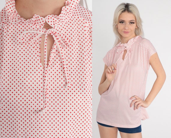 Ruffle Blouse 80s Polka Dot Top White Red High Neck Keyhole Tie Shirt Cap Sleeve Retro Preppy Secretary Summer Boho Vintage 1980s Medium 36