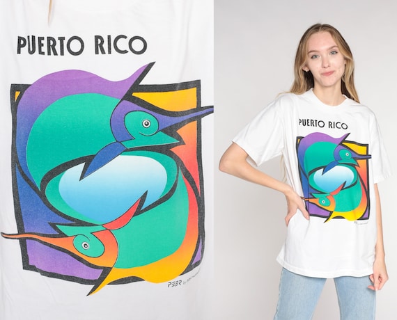 Puerto Rico Shirt Y2K Swordfish T-Shirt Tropical Fish Graphic Tee Ocean Surfer Retro Travel Tourist Tshirt White Vintage 00s Medium Large