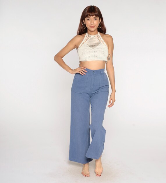 70s Wide Leg Pants Blue High Waisted Cotton Flared Trousers Front Pockets Chambray Periwinkle Vintage Hippie Summer Bohemian Extra Small XS