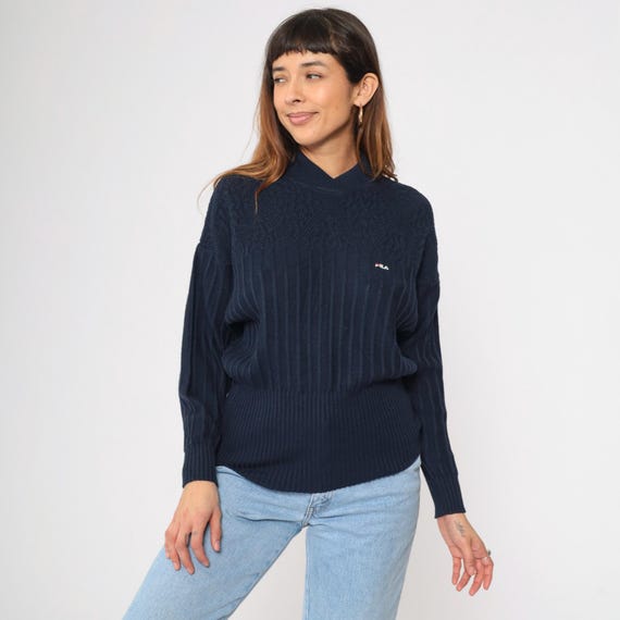 Vintage 90s FILA Navy Blue Sweater Wool Ribbed Knit Logo Embroidery Shawl Collar Mock Neck Pullover Made in Italy Long Sleeve 1990s Small 6