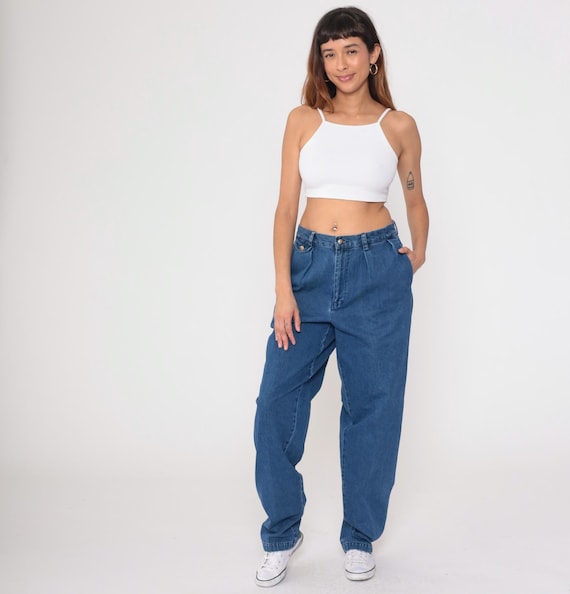 90s Nautica Jeans High Waisted Pleated Front Cotton Denim Baggy Mom Jeans Blue Vintage Relaxed Fit Tapered Ankle Cuffed Large L