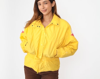 Yellow Puffer Jacket 80s Roffe Ski Jacket Retro Puffy Coat Winter Geometric Jacket 1980s Puff Jacket Zip Up Cinched Waist Large