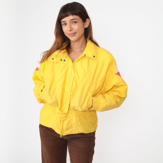 Yellow Puffer Jacket 80s Roffe Ski Jacket Retro Puffy Coat Winter Geometric Jacket 1980s Puff Jacket Zip Up Cinched Waist Large
