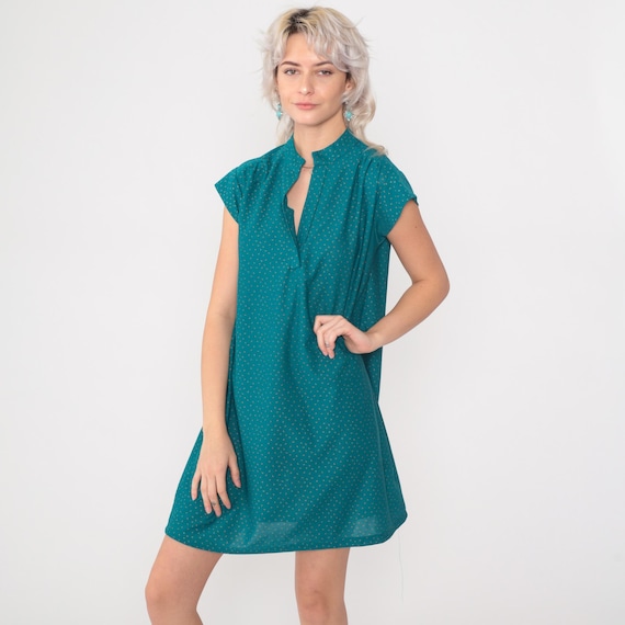 Vintage Teal Confetti Print Dress 80s Mini Shift Dress Gold Polka Dot Slit V Neck Cap Sleeve Tent 1980s Retro Preppy Short Sleeve Medium