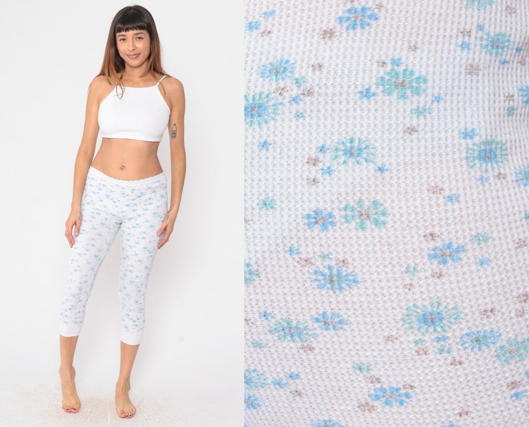 Floral Thermal Pants 80s Long Johns White Waffle Knit Leggings