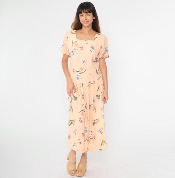 Vintage Peach Floral Dress 90s Maxi Dress Drop Waist Pleated Dress Flower Print Short Sleeve Button Back Retro Garden Party 1990s 12 Large
