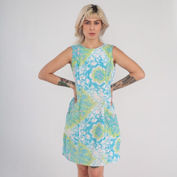 Vintage Mod Floral Dress 60s 70s Blue Mini Dress Retro Shift Gogo Twiggy Minidress Sleeveless White Green Flower Print Groovy 1970s Small S