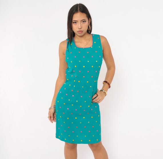 90s Teal Embroidered Shift Dress Sleeveless Square Dot Geometric Pink Orange Green Scoop Neck Mod Sheath Summer Sundress Vintage Small S