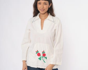 メキシカン刺繍ブラウス ホワイト 90年代 花柄 チュニック コットン 