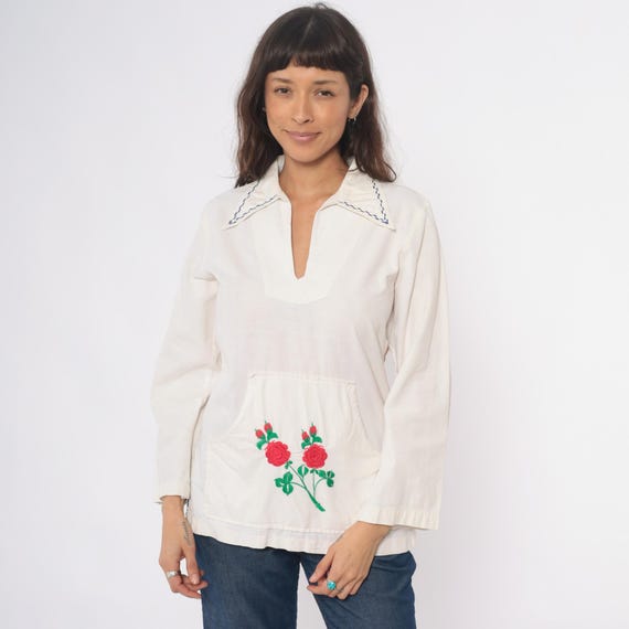 70s Rose Embroidered Tunic Cream Ivory Prairie Smock Top Cotton Long Sleeve Front Pockets Vintage Peasant Blouse Floral Off White Medium M