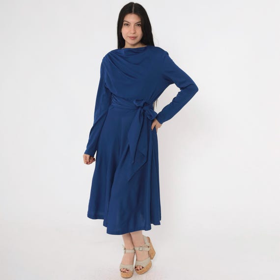 Vintage Royal Blue Dress 70s Draped Bodice Long Sleeve Tie Waist Midi 1970s Elegant Boat Neck A-Line Flowy Formal Gown Large 12