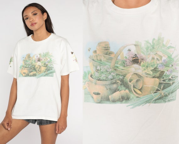 Gardening T Shirt 90s Butterfly Garden Shirt Floral Shirt Flower Print Tee Short Sleeve TShirt Vintage White Large L