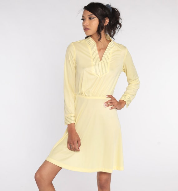 70s Mini Dress Pale Yellow Long Sleeve Dress Polyester Mod High Waist Simple Day Dress Casual Vintage Boho Small Medium