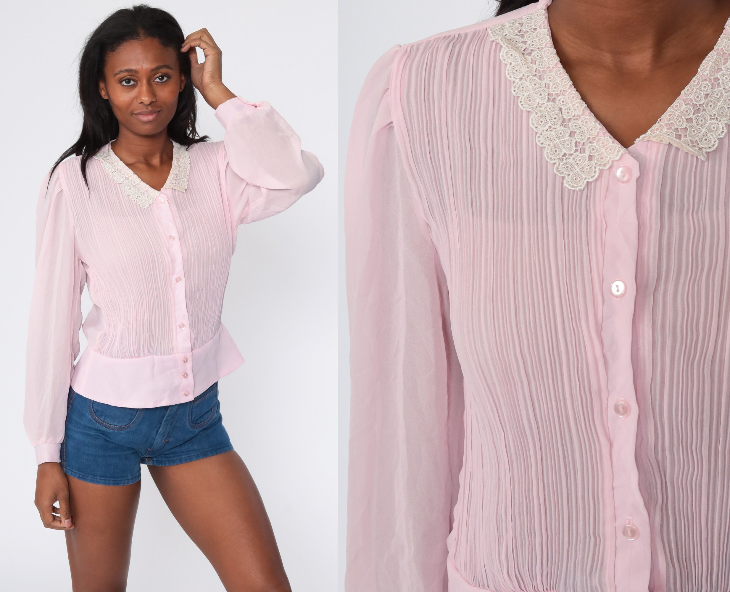 Sheer Pink Top Puff Sleeve Blouse 70s 
