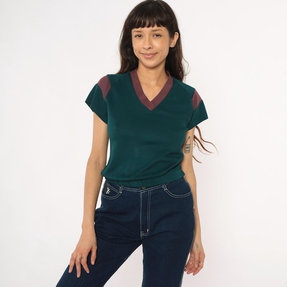 80s Colorblock Ringer Shirt Athletic Green Purple Mauve Burgundy Teal V Neck Sport Forest Vintage Gym Top Activewear Workout Fitness Small S