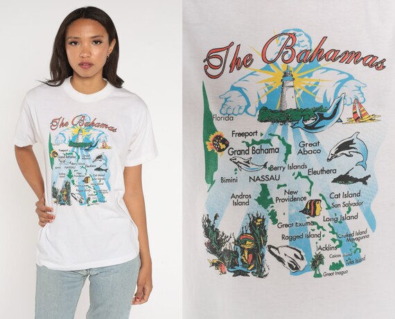 Bahamas T-Shirt 90s Caribbean Islands Graphic Tee Tourist T Shirt Tropical Dolphin Tshirt Souvenir Travel White Vintage 1990s Medium