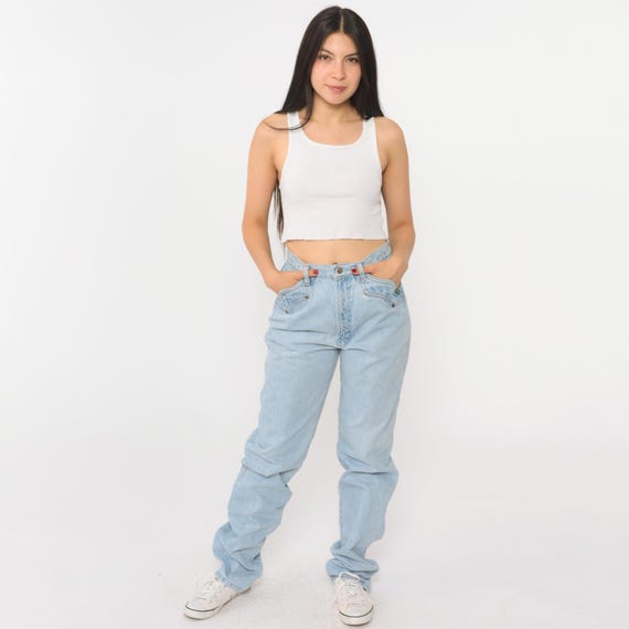 Vintage 90s Rockies Jeans Light Blue Western Denim Rodeo High Waisted Pants Straight Leg Rocky Mountain 1990s Small 26 Tall