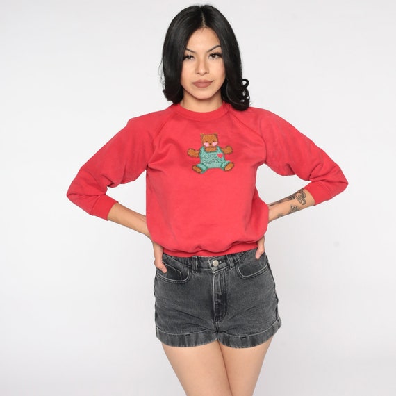 Teddy Bear Shirt 80s Sweatshirt Red Raglan Sleeve Graphic Kawaii Vintage 1980s Slouchy Pullover Extra Small xs