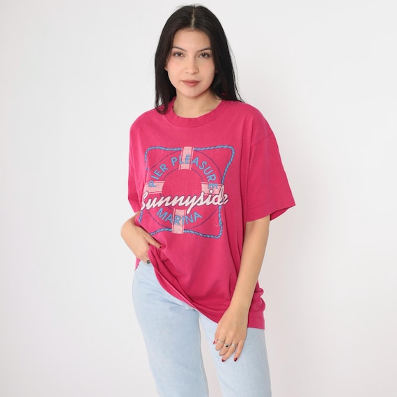Vintage Nautical T Shirt Sunny Side Marina Pier Pleasure Graphic Tee 90s Distressed Sailor Tshirt Hot Pink Retro T Shirt 1990s Large L