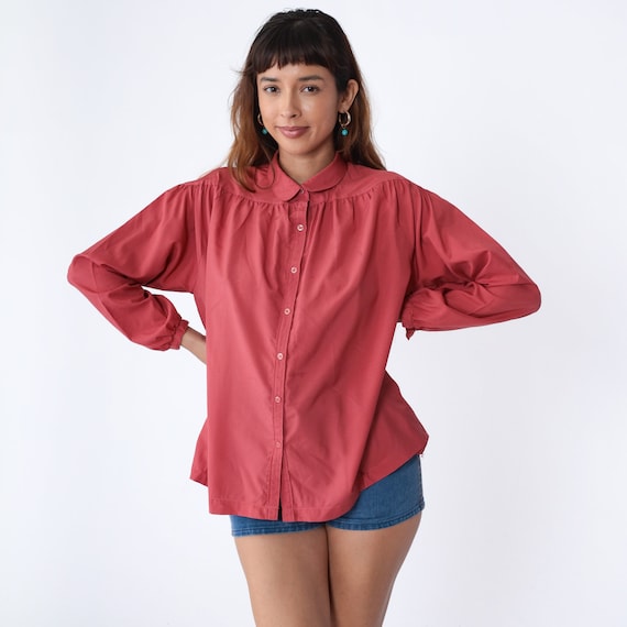Dark Coral Pink Blouse 70s Button Up Top Peter Pan Collar Shirt Long Sleeve Retro Preppy Secretary Simple Vintage 1970s Medium 36