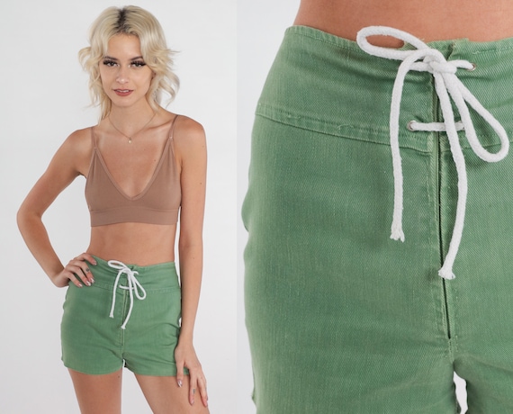 70s Green Shorts High Waisted Hotpants Mod Shorts Drawstring Pin Up Hot Pants High Rise Short Shorts Vintage 1970s Extra Small xs 24