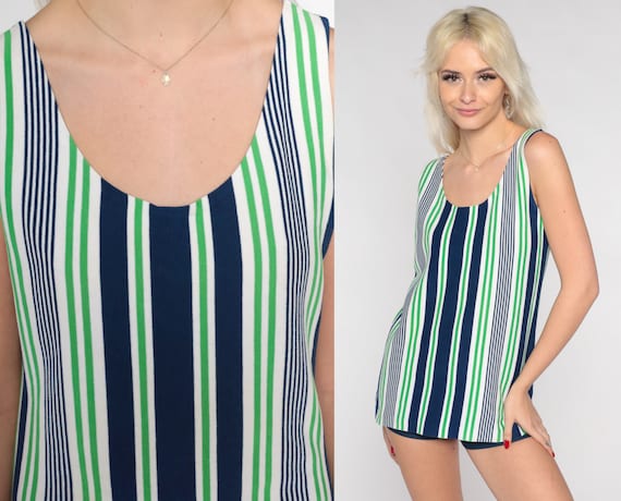 70s Tank Top Striped Sleeveless Shirt Mod Navy Blue Green White Stripes Mod Retro Summer Casual Blouse Seventies Tee Vintage 1970s Small S