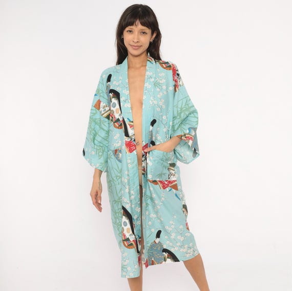 70s Geisha Print Kimono Robe Blue Cotton Hayashi Japanese Ukiyo-e Cherry Blossom Bamboo Duster Wrap Coverup Floral Vintage Small To Large