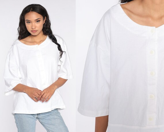 White BUTTON UP Shirt 80s Blouse Vintage Plain Shirt 90s Retro Short Sleeve Shirt xxl 2xl Plus Size 2x