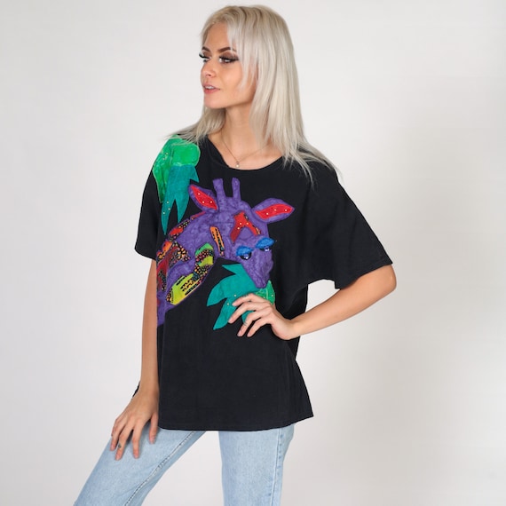 Giraffe Shirt 90s Alfredo's Wife Rhinestone Beaded Studded Blouse Sparkly Safari Animal Top Art Boho Short Sleeve Vintage 1990s Large L
