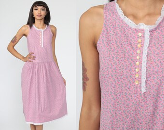 Calico Floral Dress 80s Pink Midi Eyelet Lace Cottagecore Vintage Bohemian Sundress Sleeveless 1980s Drop Low Waist Sun Dress Extra Small xs