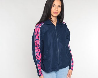 Marineblauw windjack Y2K-ritsjack met roze abstracte print trainingsjack retro shell warming-up streetwear jas vintage jaren 00 Extra small xs