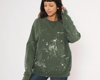 Paint Splattered Champion Sweatshirt Olive Green Crewneck Distressed Sage Moss Cotton Streetwear Logo Embroidered Work Shirt Extra Large XL