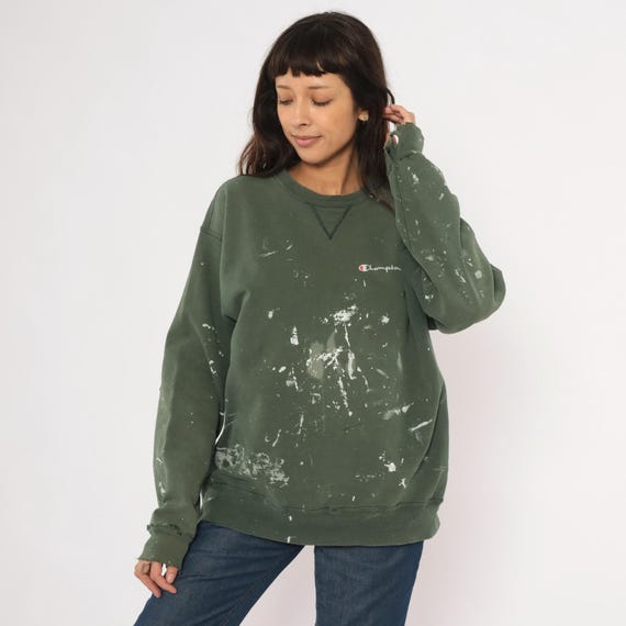 Paint Splattered Champion Sweatshirt Olive Green Crewneck Distressed Sage Moss Cotton Streetwear Logo Embroidered Work Shirt Extra Large XL