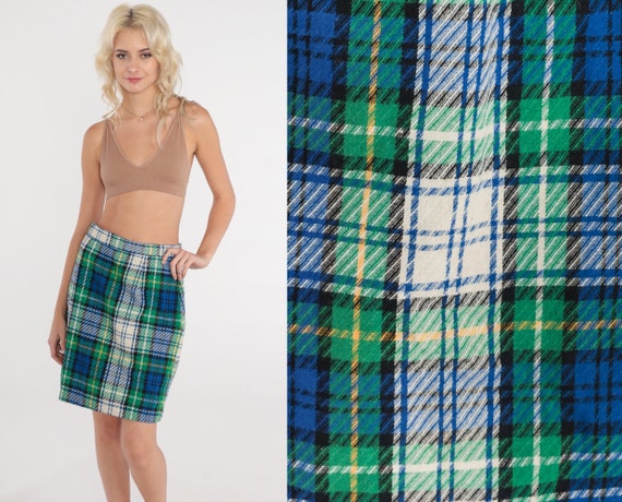 70s Plaid Skirt Mod Mini Skirt Wool Blend High Waist Pencil Preppy Secretary Academia White Blue Green Tartan Checkered Vintage 1970s Small